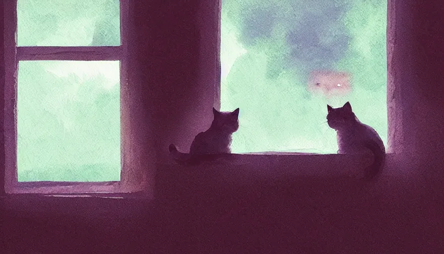 Image similar to watercolor illustration style, cute cats looking out the window, dreamy aesthetic, misty, trending on artstation, vivid colors, 8 k, filip hodas, jeremy mann