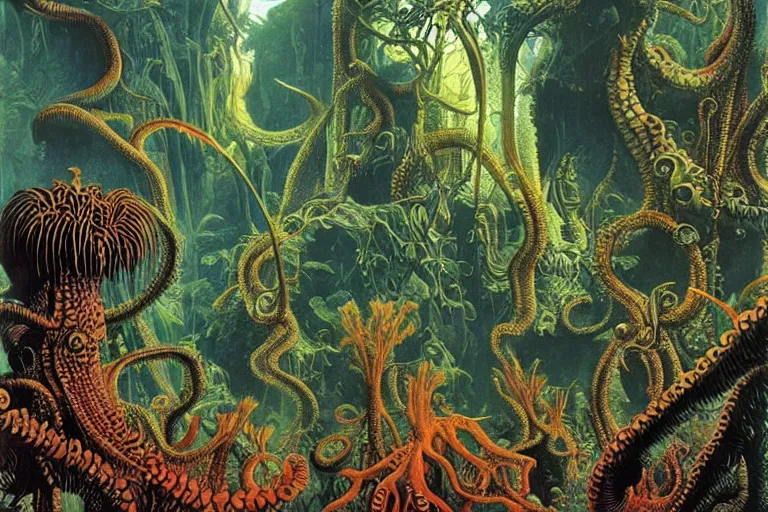 Image similar to lovecraftian jungles, another world by Roger Dean and Ernst Haeckel