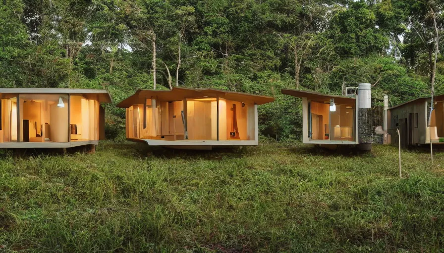 Image similar to A wide image of an eco-community neighborhood of innovative contemporary 3D printed prefab sea ranch style cabins with rounded corners and angles, beveled edges, made of cement and concrete, organic architecture, in a lush green forest Designed by Gucci and Wes Anderson, golden hour