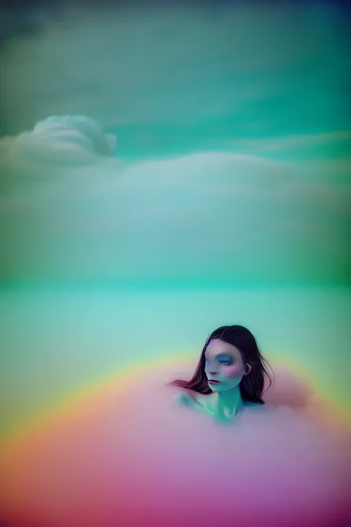 Image similar to high quality pastel coloured film close up wide angle photograph of a model wearing clothing swimming on cloud furniture in a icelandic black rock!! environment in a partially haze filled dreamstate world. three point light, rainbow. photographic production. art directed. pastel colours. volumetric clouds. pastel gradient overlay. waves glitch artefacts. extreme facial clarity. 8 k. filmic.