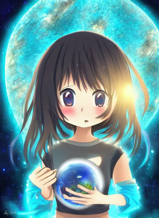 Image similar to an anime in outer space holding a small blue planet in her hands, no other planets, digital art, anime