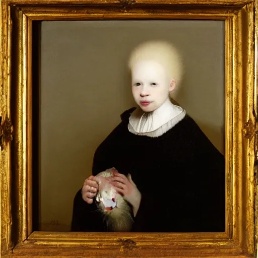 Prompt: “ a girl holding an albino rat, portrait, oil painting, very detailed, by rembrandt ”