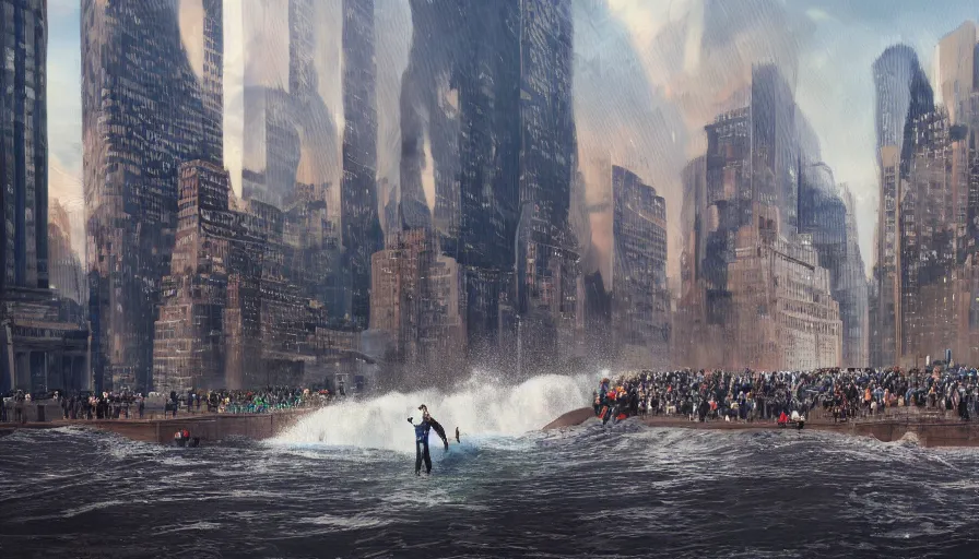 Prompt: People fleeying a tidal wave in New York City, wild view, hyperdetailed, artstation, cgsociety, 8k