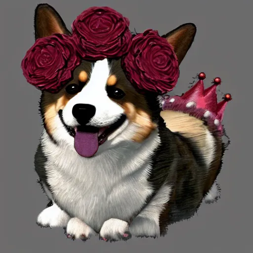 Prompt: A corgi with a crown made out of roses, artstation, highly detailed, digital art