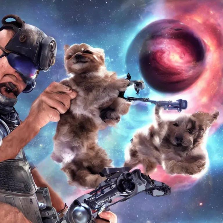 Image similar to t 8 0 0 terminator eating sandwich, hugging a cute puppy while surfing on a saxophone over rings of saturn in space, team fortress 2 sцcreenshot