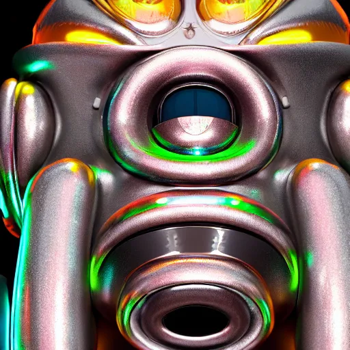 Prompt: a chrome steampunk spaced out futuristic robot head wearing trippy brain sensors, 8 k, front shot, symetrical, flourescent colors, halluzinogenic, multicolored, insanely detailed, front shot, 3 d render, octane