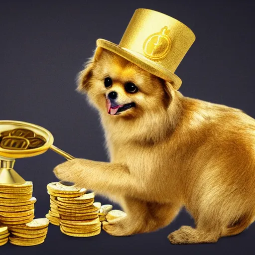 Image similar to A gold pomeranian wearing a top-hat and monocle, sitting on a pile of gold coins