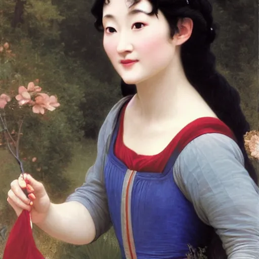 Prompt: Painting of Gong Li as Snow White. Smiling. Happy. Cheerful. Art by william adolphe bouguereau. Extremely detailed. Beautiful. 4K. Award winning.
