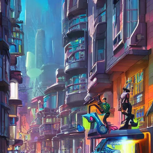 Image similar to swagger! futuristic living large in the city by tyler edlin, entourage struts down the sidewalk, bold colors, detailed, incredible lighting, great composition, artstation