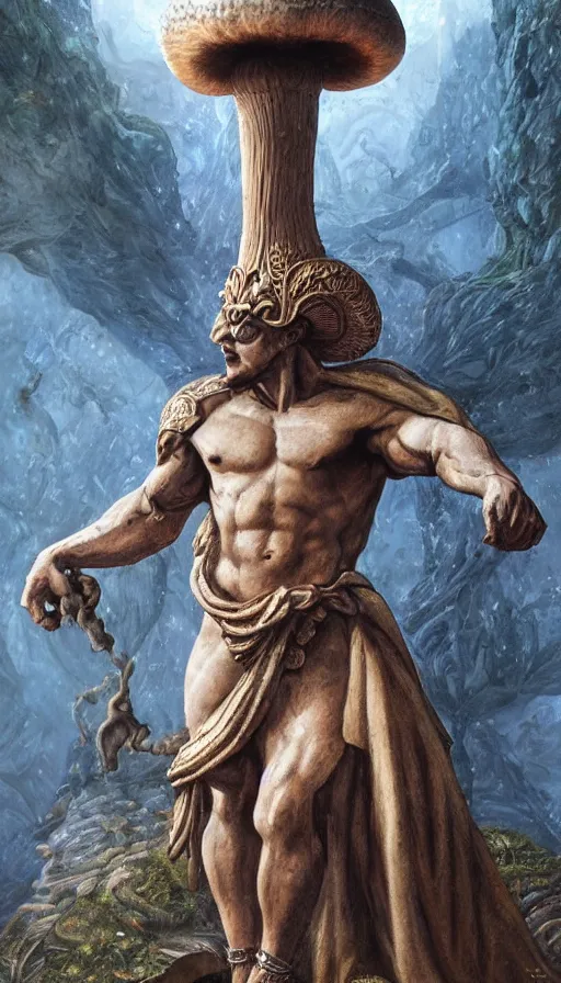 Image similar to a masterpiece hyperdetailed dnd tarot card, magnificent mushroom deity as depicted in a colossal greek marble statue ( with godlike bodybuilder physique ), hd tarot card depicting monumental statue of a mushroom god with cute large mushroom hat, hdr, 8 k, artstationhq, digital art by greg rutkowski and wayne barlowe