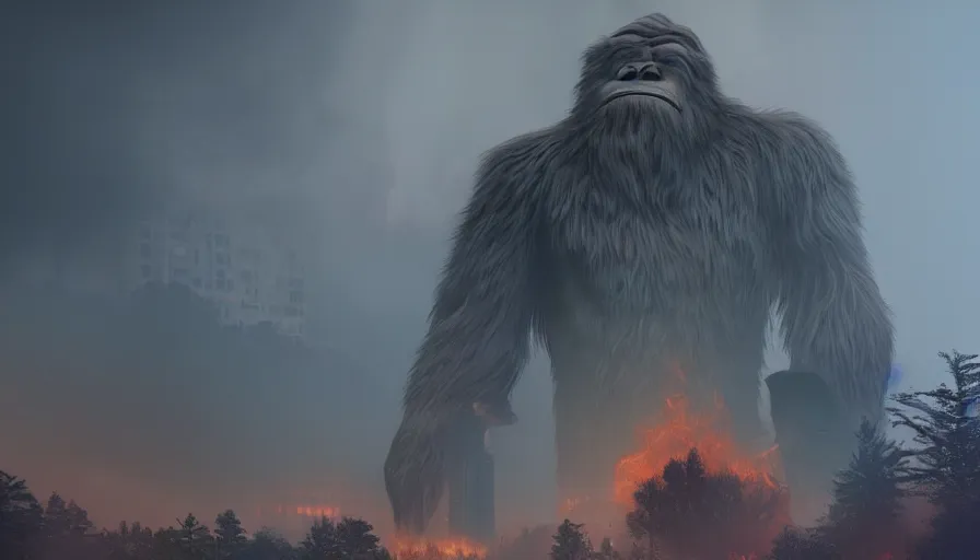 Image similar to giant bigfoot destroying wahsington dc, fire, ashes, collapsing, fog, grey sky, smoke, buildings, hyperdetailed, artstation, cgsociety, 8 k