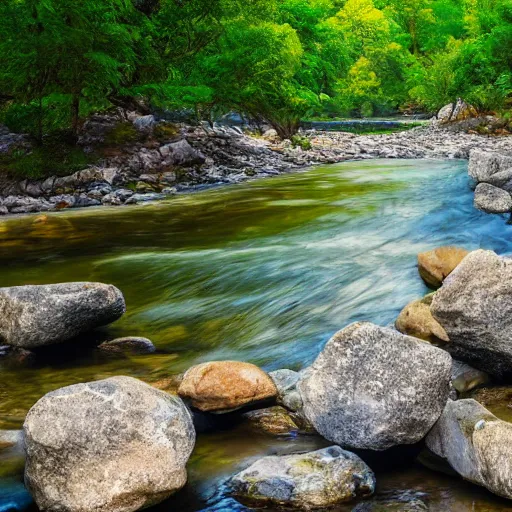 Image similar to a beautiful landscape, river, rocks, trees, polygonal