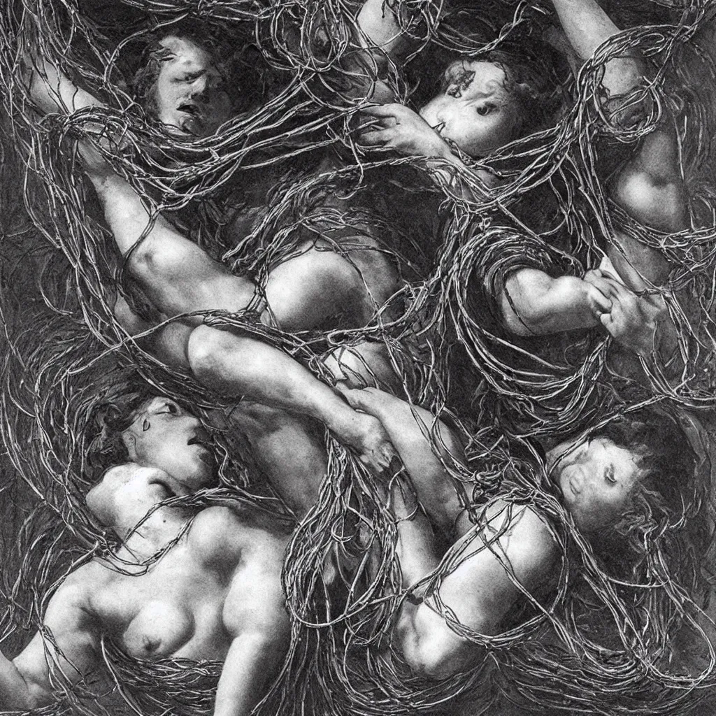 Prompt: a woman entangled in the thick black cables in the style of the laocoon of the vatican