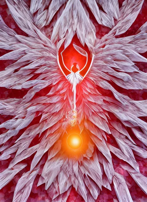 Image similar to white phoenix orange pink salt crystals sharp detail 3d render simple background sharp contrast feathers graphic design fai khadra gaika style