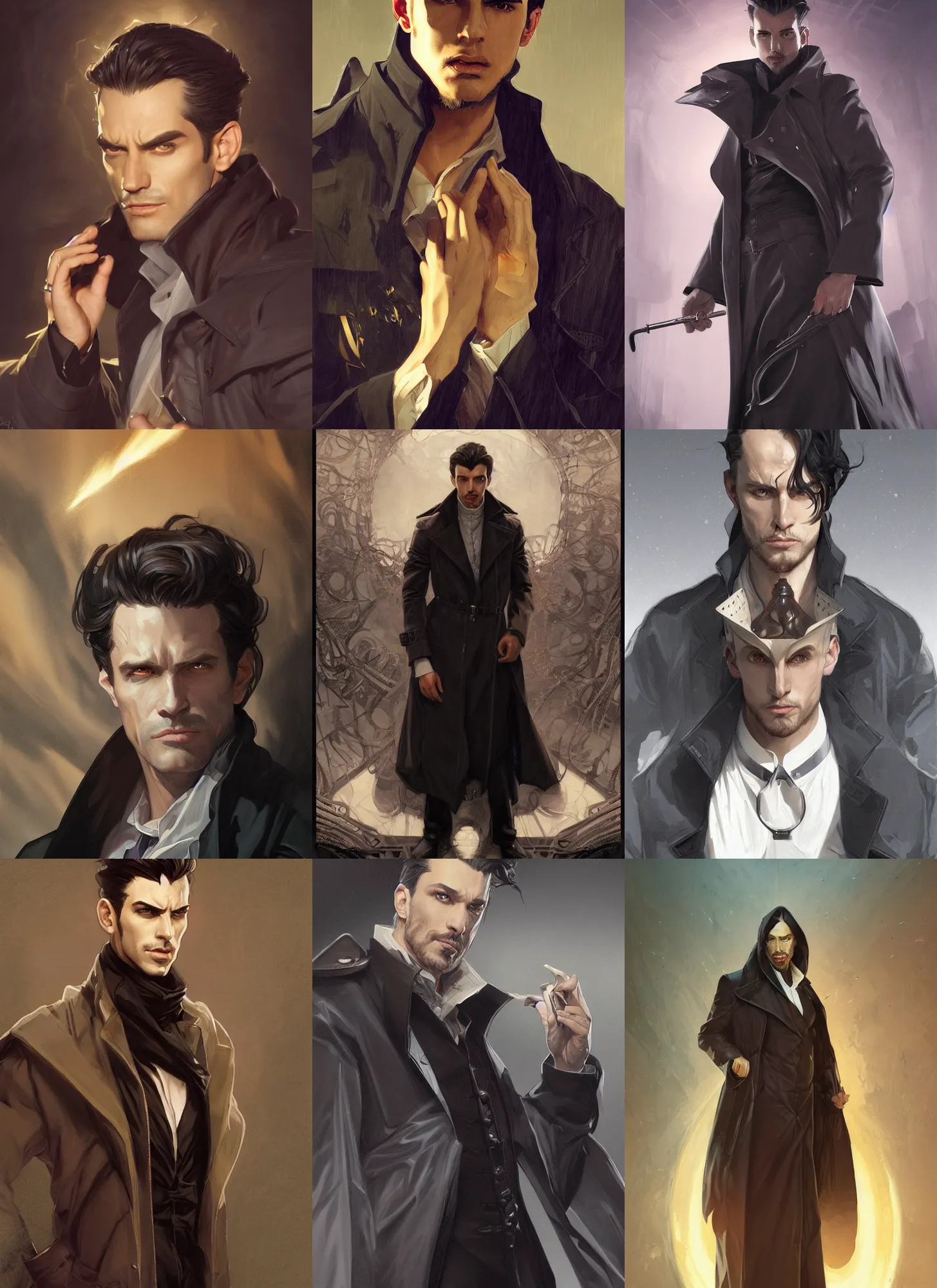 Prompt: Portrait of Evil male alchemist with medium black slicked hair, trench coat with many pockets, portrait, highly detailed, digital painting, artstation, concept art, sharp focus, illustration, art by artgerm and greg rutkowski and alphonse mucha