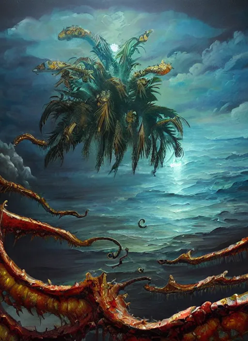 Prompt: oil painting with heavy impasto of a tropical pirate enclave, cosmic horror painting, elegant intricate artstation concept art detailed