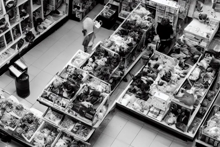 Prompt: overhead view, surveillance, black and white, a pet store with kittens sitting on the floor