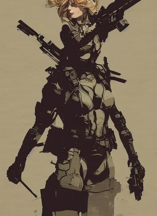 Image similar to Margot Robbie wearing metal gear armor holding gun dramatic lighting art by Richard Schmid by Hokusai by Yoji Shinkawa by greg rutkowski by Sandra Chevrier cinematic dramatic