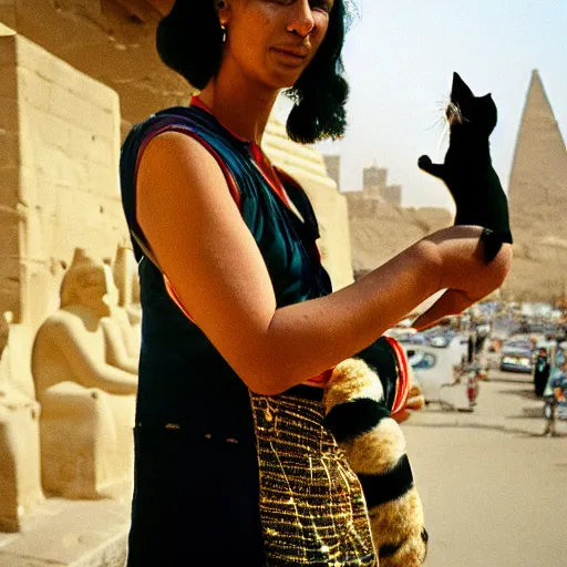 Prompt: hd photo of the egyptian goddess bast in modern cairo. goddess with a cat's head. high - quality candid photography, cinestill 5 0 0