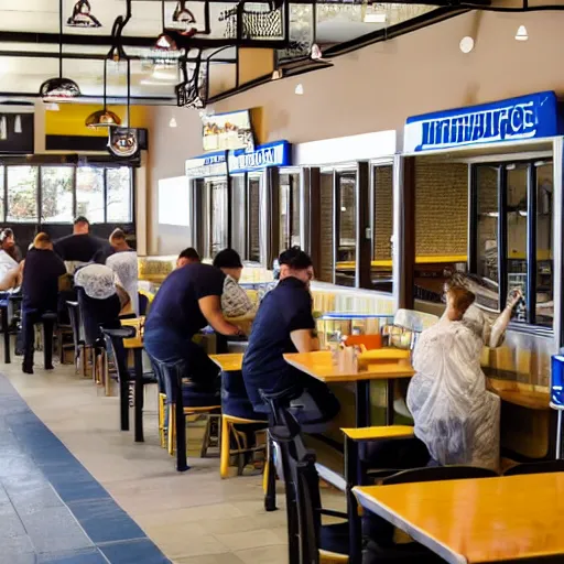 Image similar to busy wafflehouse interior with customers eating breakfast and wafflehouse employees in blue and black uniform serving food and some cooking food behind countertop