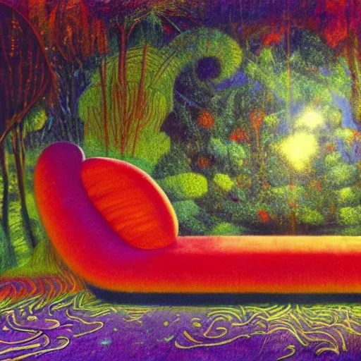 Image similar to psychedelic couch sofa in the lush forest, milky way, designed by arnold bocklin, jules bastien - lepage, tarsila do amaral, wayne barlowe and gustave baumann, cheval michael, trending on artstation, mediterranean, star, sharp focus, colorful refracted sparkles and lines, soft light, 8 k 4 k