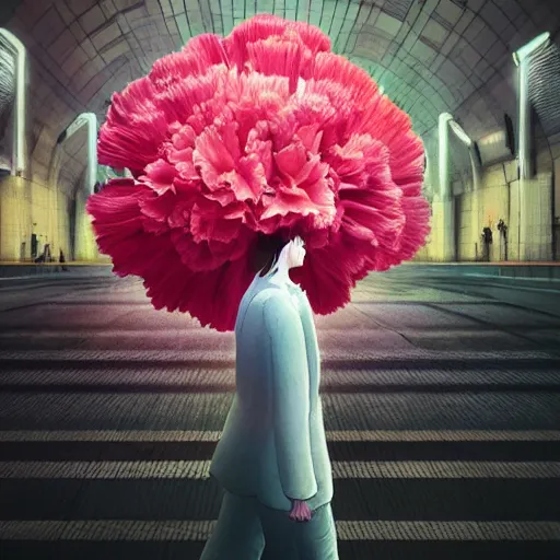 Image similar to giant carnation flower head, woman walking in a metro station, surreal photography, dramatic light, impressionist painting, digital painting, artstation, simon stalenhag