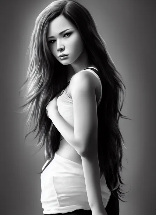 Image similar to full body portrait of a beautiful young woman in black and white, photorealistic, hair down to waist, sharp focus, in the style of Kevin Kostic, Stephen Lau and artgerm, hyper sharp focus, 8k highly detailed