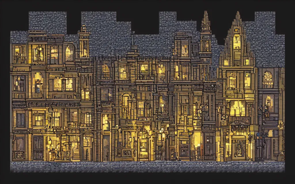 Prompt: Sideview of an 18th gothic street at night. Pixel art, high fantasy.