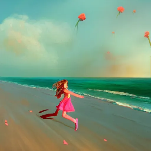 Prompt: portrait, giant rose flower head, girl running at the beach, surreal photography, sunrise, blue sky, dramatic light, impressionist painting, digital painting, artstation, simon stalenhag