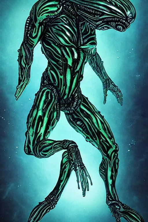 Image similar to Alien, with transparent skin, visible internal, looks like sea creatures, luminous body, floating in the void like the watcher marvel comics or dc comics guardians mixed with swamp thing. Artstyle like alexander mcqueen, anthony chong jones, yoji Shinkawa, Marc Simonetti, Mike Mignola, jae lee, Marc Silvestri, Todd mcfarlane+ full body image with head, Symmetry, dark illustration, cinematic unreal engine, hypermaximalist, symmetrical, detailed, intricate ink illustration, 8k, HD