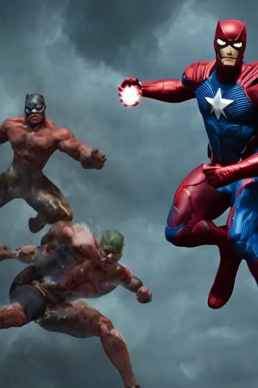 Image similar to VFX movie still frame portrait DC vs. Marvel team natural skin, hero pose, war zone by Emmanuel Lubezki