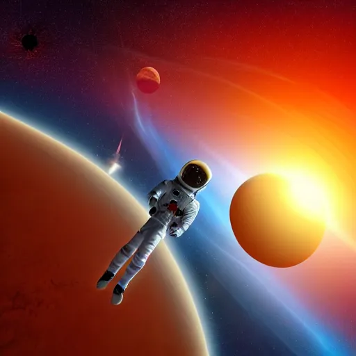 Prompt: an astronaut in space flying with no gravity toward a bright red sun, spacecraft far away, realistic, 4d, 8k, realism