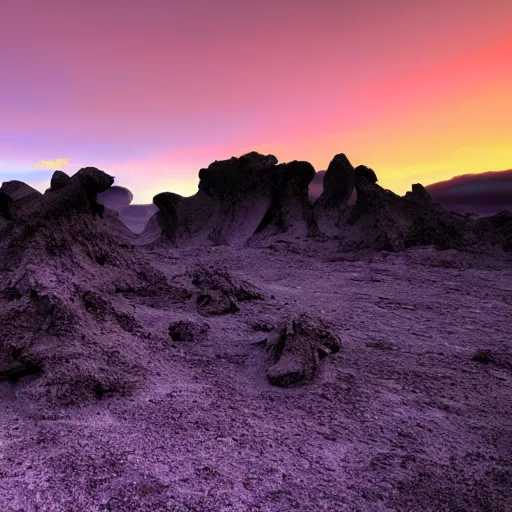 Prompt: a eerie landscape with a purple sky. there are strange rock formations and no signs of life.