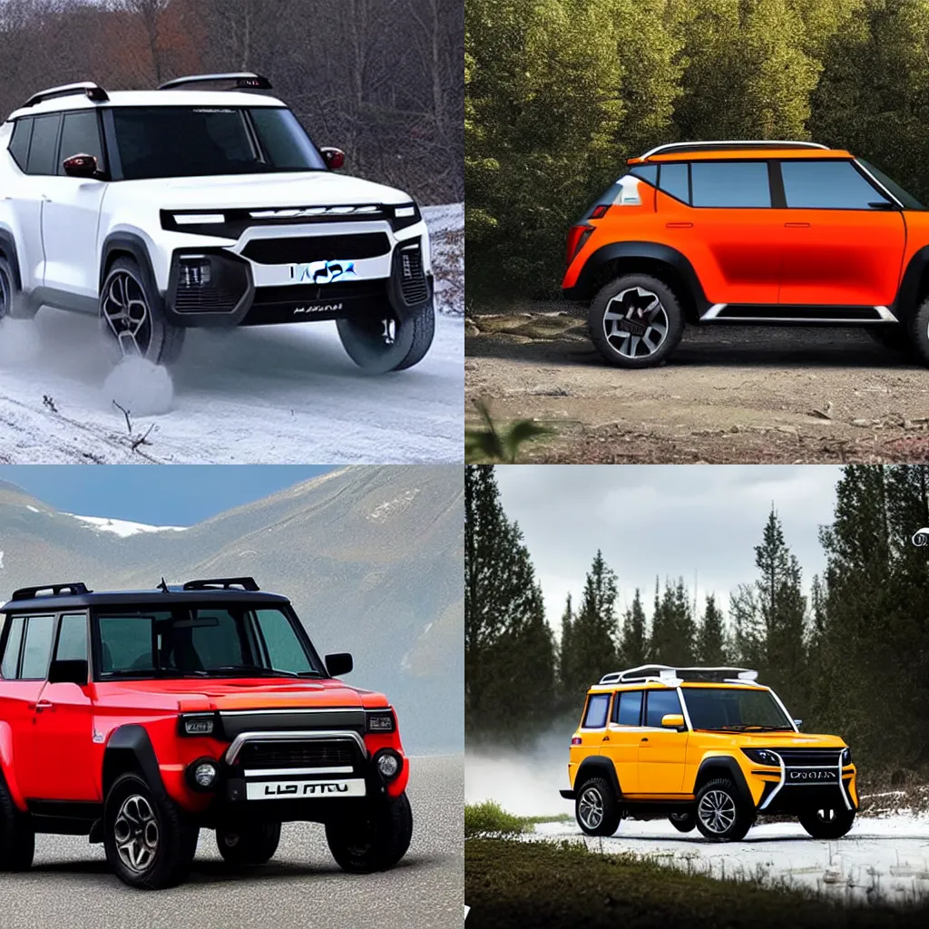 Prompt: Lada Niva if it were manufactured in the 2022 production year, 2022 Lada Niva, wide angle exterior 2022