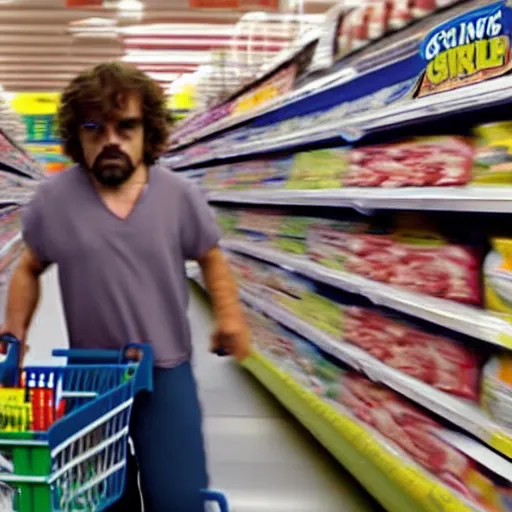Image similar to film still of extremely tall peter dinklage shopping at walmart, shopping cart full of spaghetti