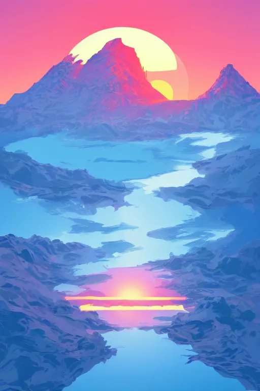 Image similar to sunrise mountain water vector illustration digital art by james gilleard trending on artstation