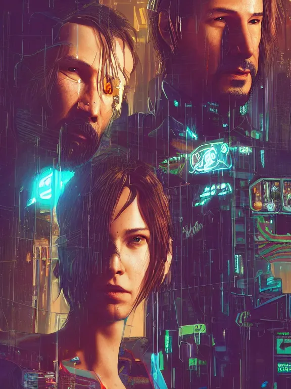 Image similar to a cyberpunk 2077 couple portrait of Keanu Reeves and V ,love story , lots of electric cable behind them connected to giant computer,film lighting,by laurie greasley,Lawrence Alma-Tadema,William Morris,Dan Mumford,trending on atrstation,FAN ART,full of color,Digital painting,highly detailed,8K, octane,golden ratio,cinematic lighting