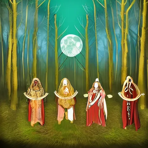 Image similar to Shamanistic ritual being performed in a clearing the middle of the woods. A full moon is in the sky. A scrying mirror is in the middle of the circle. Ornate costumes are worn by the participants. Digital art.