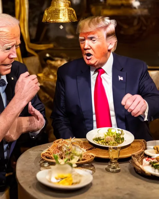 Image similar to Trump and Biden having dinner at a fancy Balinese restaurant, award winning photography, 85mm, perfect faces