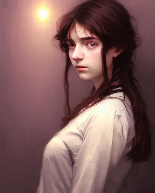 Image similar to portrait of a welsh teenage girl with brown hair, glowing skin, delicate features, quiet beauty, amelie poulain, fantasy, intricate, elegant, dress shirt, highly detailed, digital painting, artstation, concept art, smooth, sharp focus, illustration, art by Krenz Cushart and Artem Demura and alphonse mucha