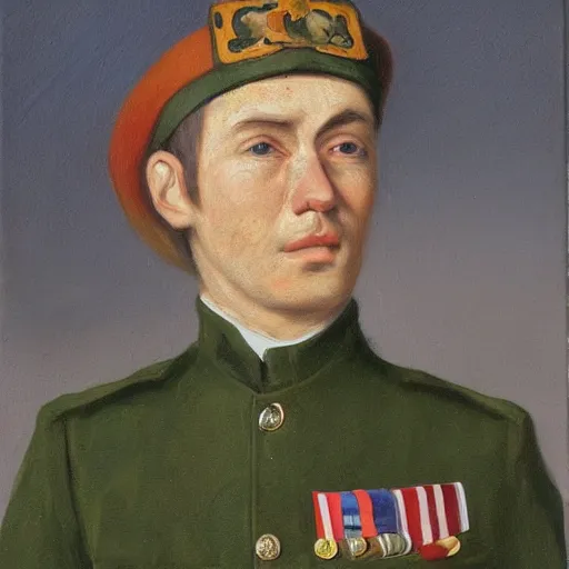 Image similar to portrait of a gerbil in a military uniform, oil painting