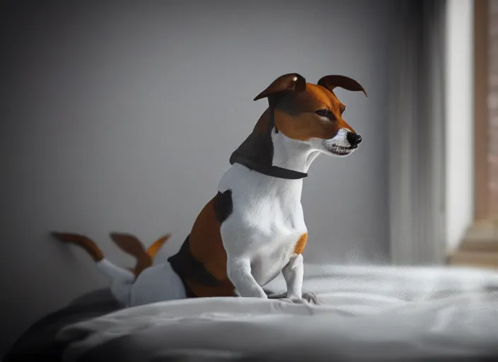 Image similar to photography of a Jack Russel . watching outside the window. on a bed. in a white room. octane render,volumetric light, volumetric fog, photorealistic,, award winning photo, 100mm, sharp, cloth, high res