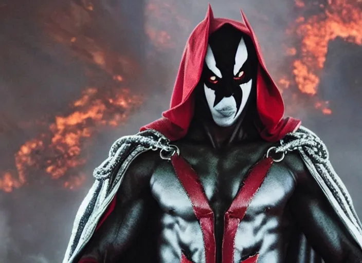 Image similar to film still of michael b jordan as spawn in the new spawn movie, giant chains, large cape, 8 k