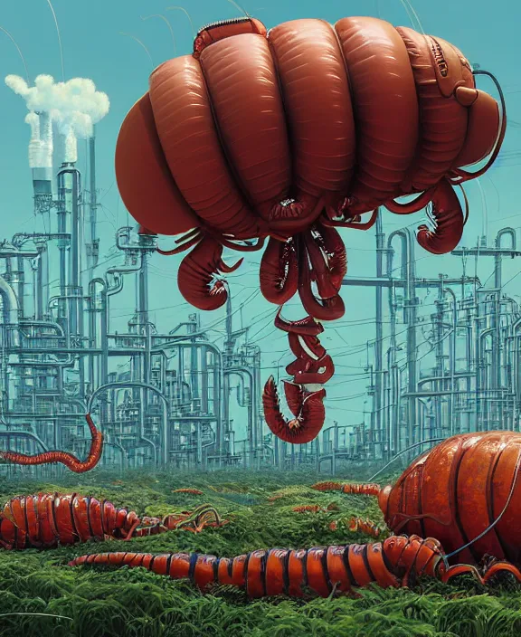 Prompt: inflated industrial plant made from isopod lobster octopus, in the style of puffy spaceship, overgrown with orchids, partly cloudy, spooky, dramatic lighting, by geof darrow, bill sienkiewicz, dan mumford, yusuke murata, makoto shinkai, ross tran, cinematic, unreal engine, cel shaded, featured on artstation, pixiv