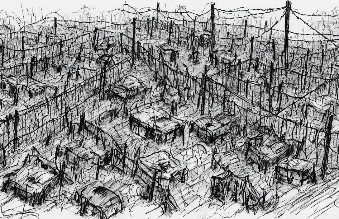 Image similar to milt kahl sketch of zombie apocalypse resistance camp with barbed wire fencing