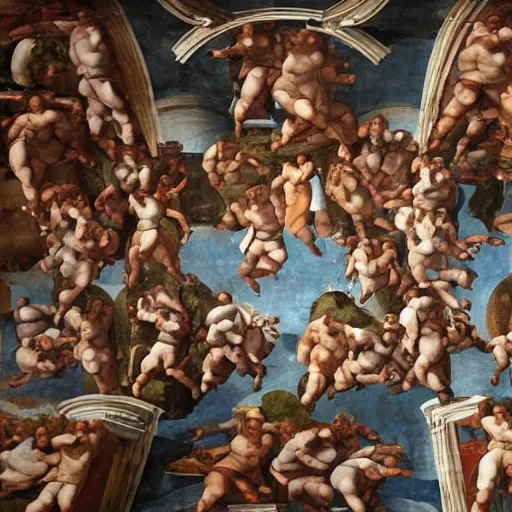 Prompt: realistic biblical painting of the robot uprising, historic depiction, on the ceiling of the sistine chapel, by michelangelo