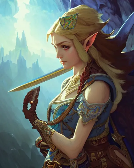 Image similar to legend of Zelda, D&D, fantasy, intricate, elegant, highly detailed, digital painting, artstation, concept art, matte, sharp focus, illustration, hearthstone, art by Artgerm and Greg Rutkowski and Alphonse Mucha