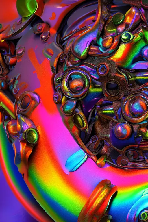 Prompt: rainbow body horror, melted steel, wholesome vibes, realistic, octane render