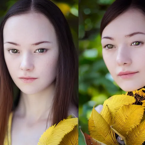 Prompt: portrait photograph of beautiful!!!! young female , symmetric face!, symmetric eyes, slight smile, natural light, wearing a yellow kimono!! with a very detailed barn owl! on her shoulder in a tropical greenhouse. looking at the camera!!. golden crown made of golden leaves. super resolution. Extremely detailed. Graflex camera!, bokeh!!!!!.