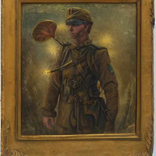 Prompt: a highly detailed portrait of a soldier with his hand outstretched, holding a glowing faerie